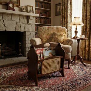 Vintage Wooden Magazine Holder With Cane Panel Design